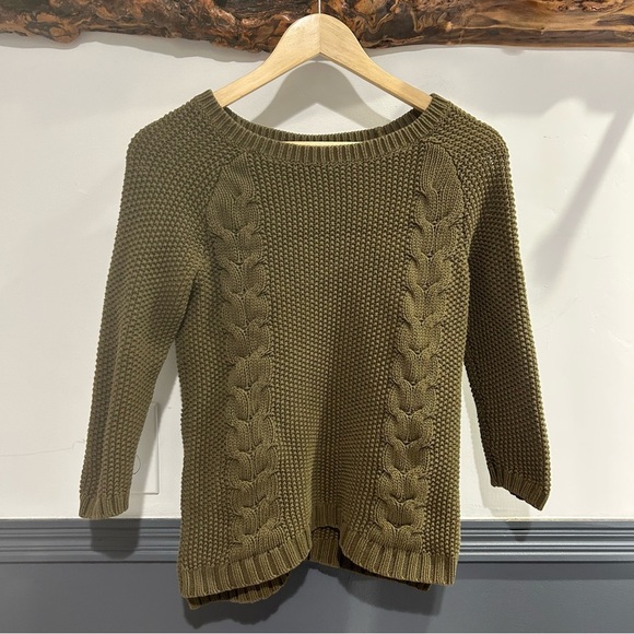 3/4 Sleeve Olive Green Cable Knit Sweater - Picture 1 of 9